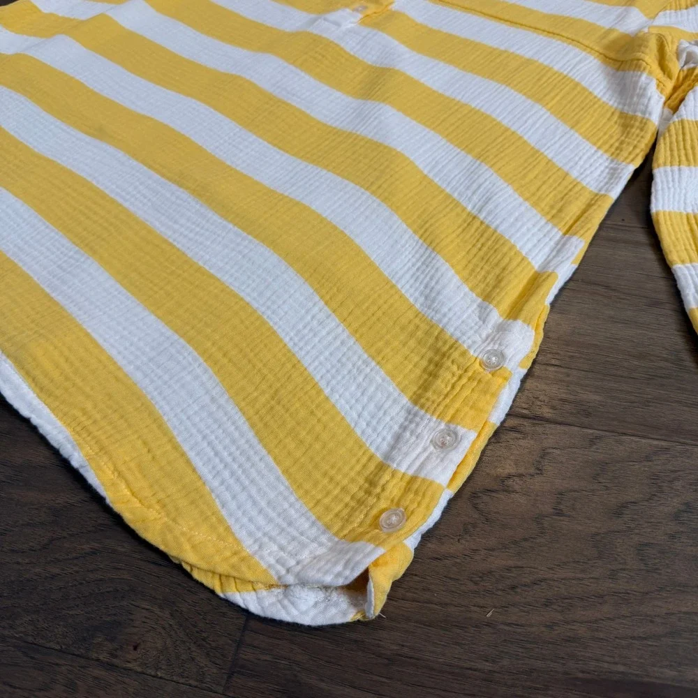 Kaktus Womens XL Yellow White Striped Cotton Gauze Roll Tab‎ Sleeve Tunic Top - Picture 4 of 7
